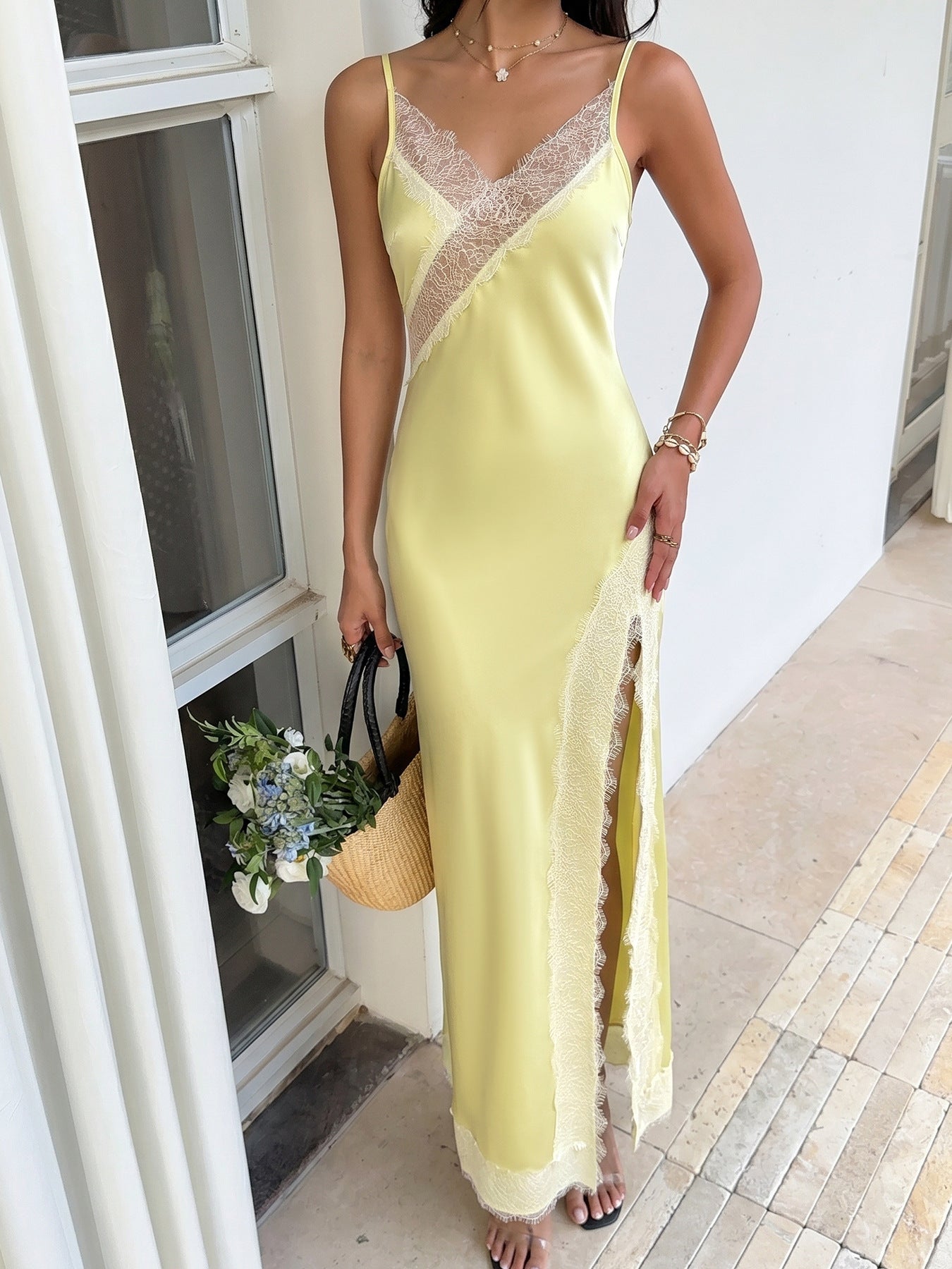 Lace stitching suspender dress