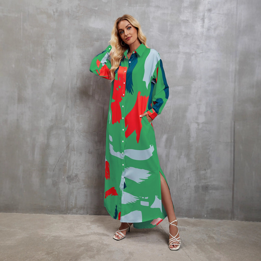Long Sleeve Printed Long Dress