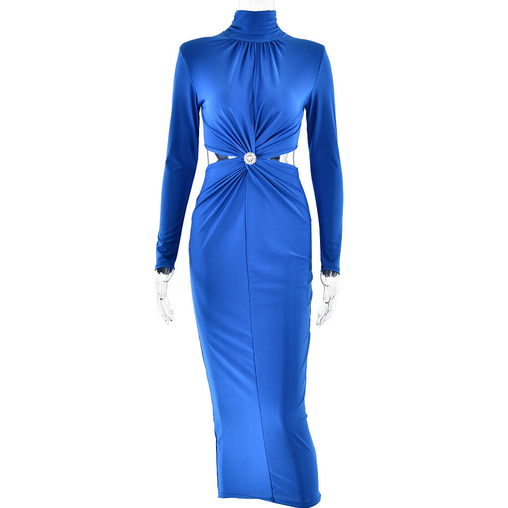 High-neck long-sleeved spliced halter pleated dress