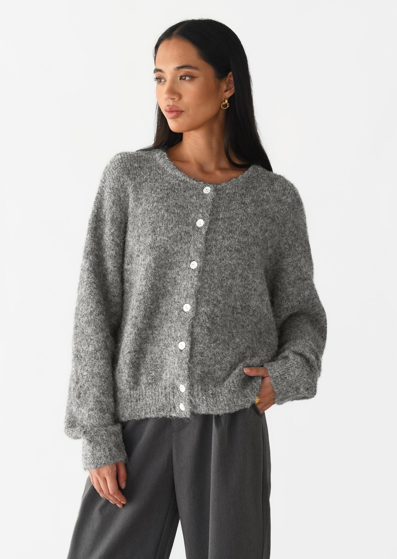 Vintage buckle grey wool knitted cardigan