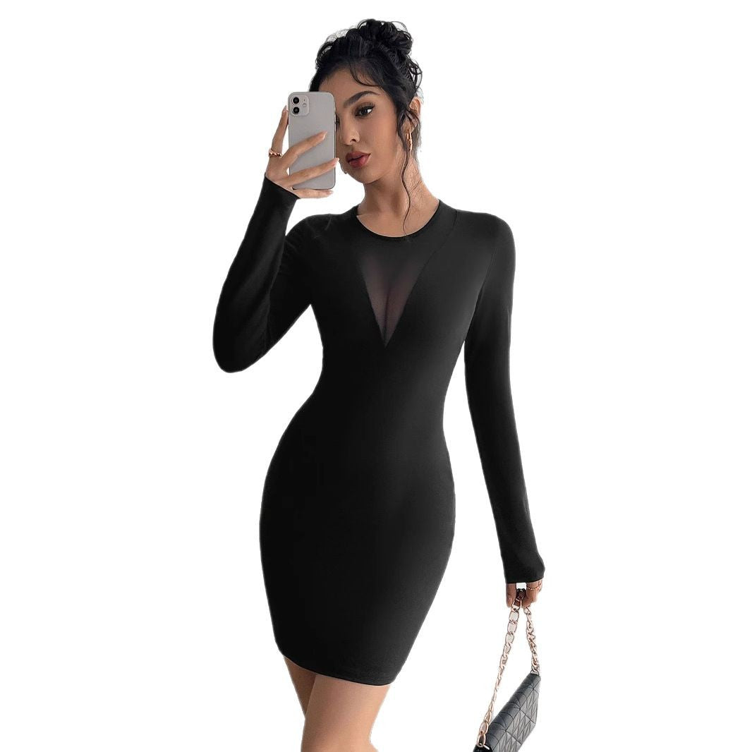 Solid color mesh stitching chest design long-sleeved slim-fit dress