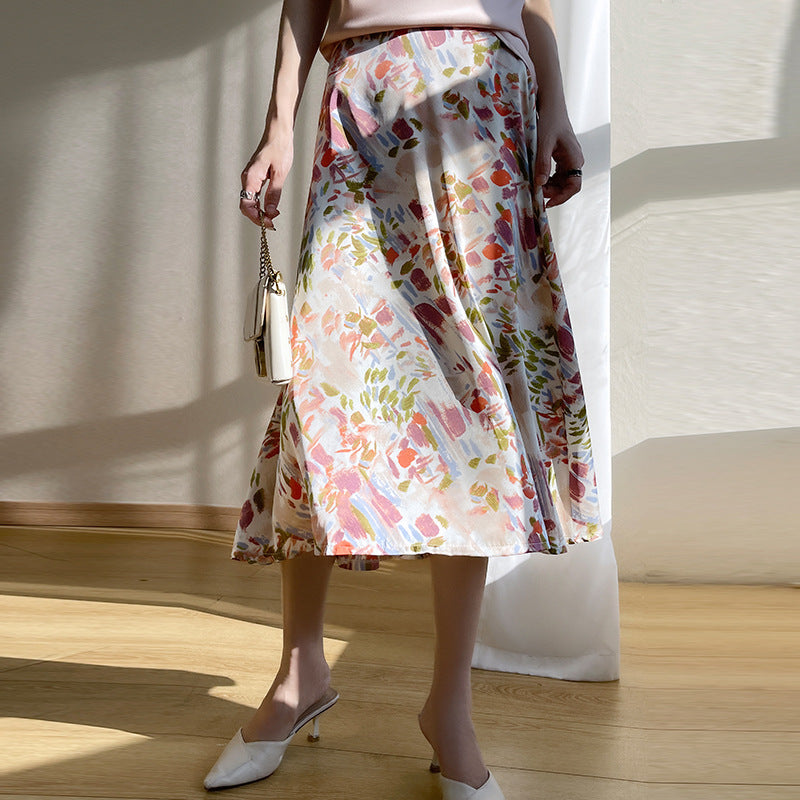 Silk satin 2026 spring and summer women's skirt temperament printing French umbrella skirt loose high waist over the knee A-shaped skirt