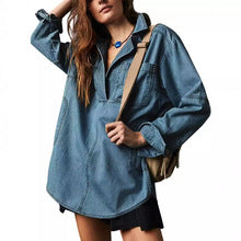 Women's Slim-Fit Denim Shacket (Shirt Jacket) - Lapel Long Sleeve Oversized Coat