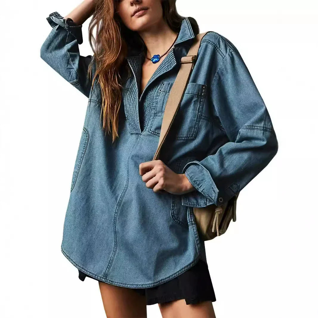 Women's Slim-Fit Denim Shacket (Shirt Jacket) - Lapel Long Sleeve Oversized Coat