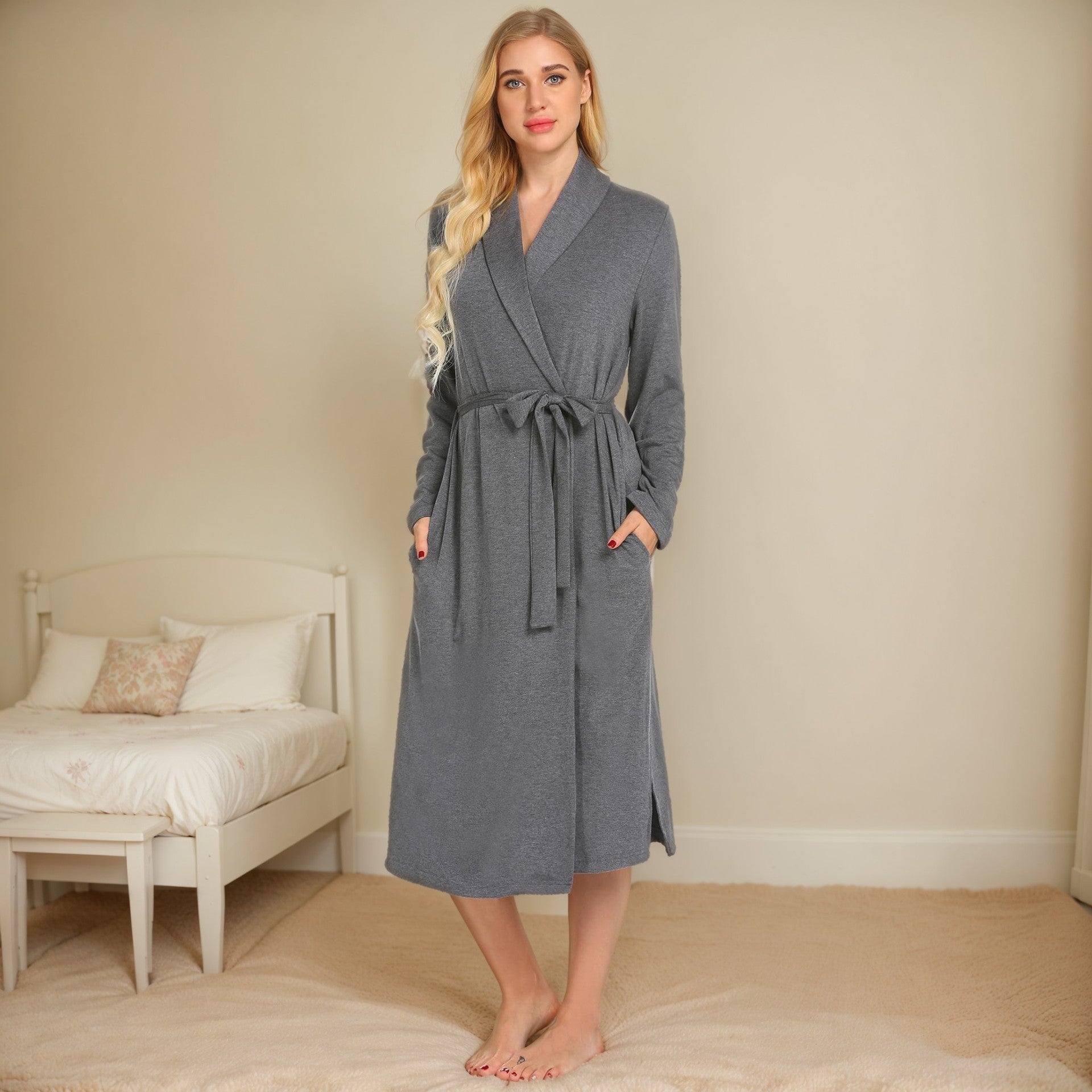 Long-sleeved polished milk silk pocket nightgown