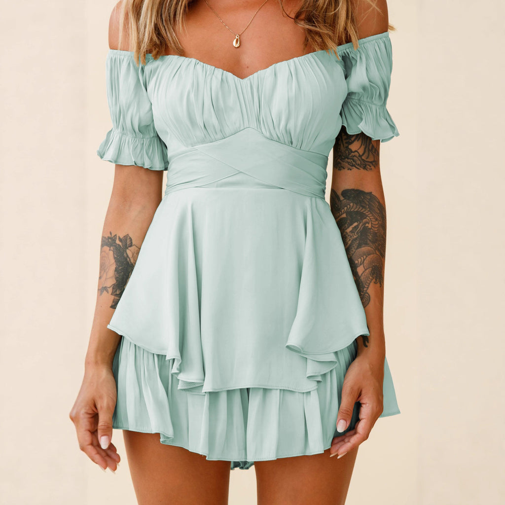 One-word neck lantern lotus leaf sleeve casual lined culottes