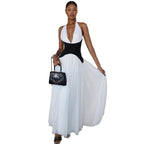 Pleated deep V-neck neck long dress