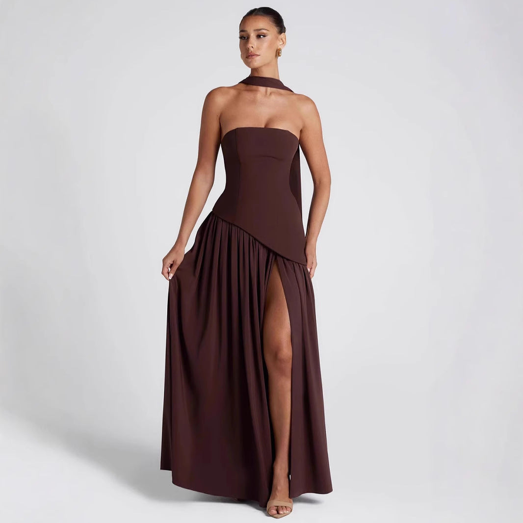 Tube top solid color split dress