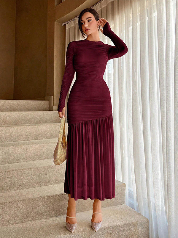 Lace pleated crew neck solid color dress