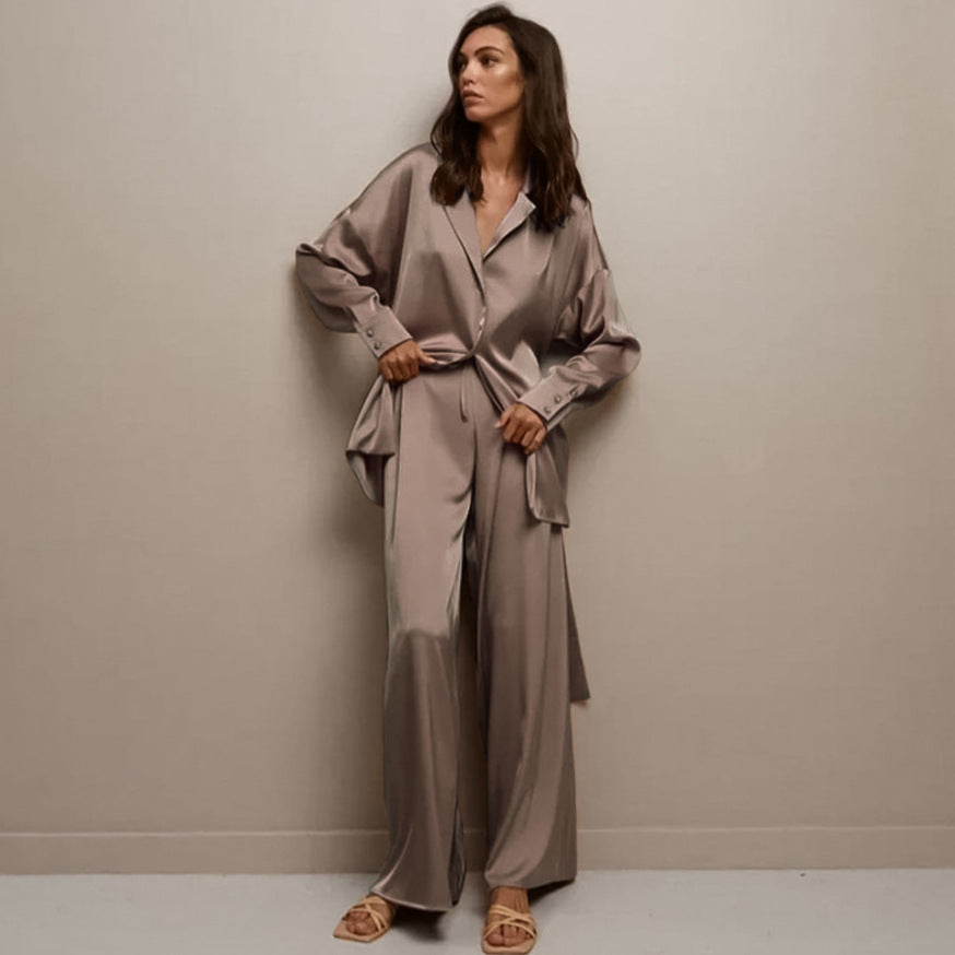 Simulation silk loose long-sleeved nightgown trousers pajama set
