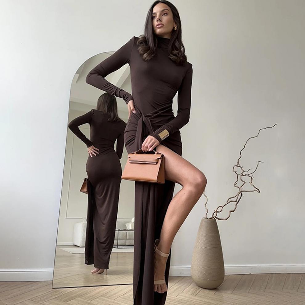 High neck long sleeve splicing slim temperament solid color dress