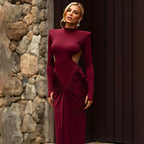 Solid color long-sleeved turtleneck temperament slim-fitting pleated backless long dress