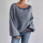 One-word collar contrasting striped knitted sweater