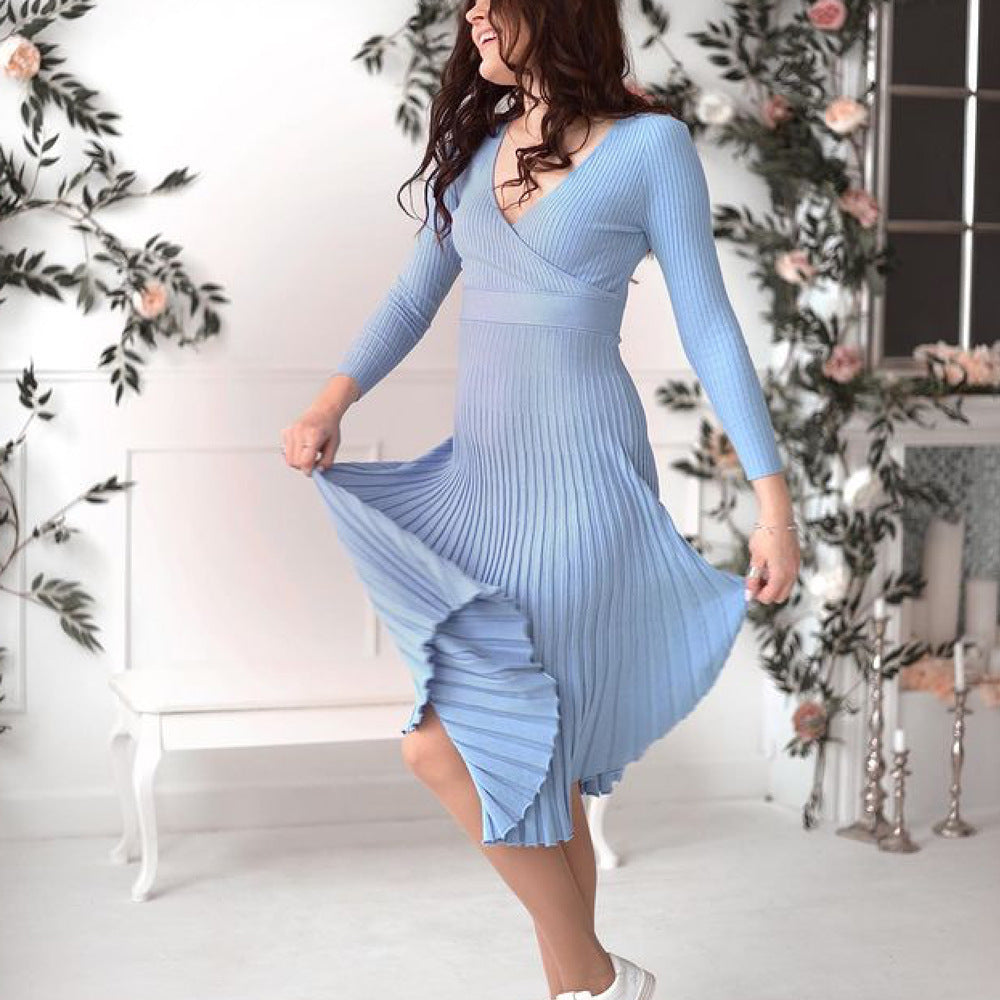 Long Sleeve V-Neck Breast Wrap Medium and Long Knitted Pleated Dress Bottom Dress