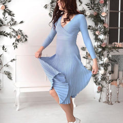 Long Sleeve V Neck Breast Wrap Medium and Long Knitted Pleated Dress Bottom Dress