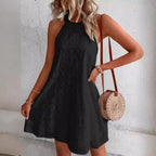 Lace Solid Color Sleeveless Button Neck Dress