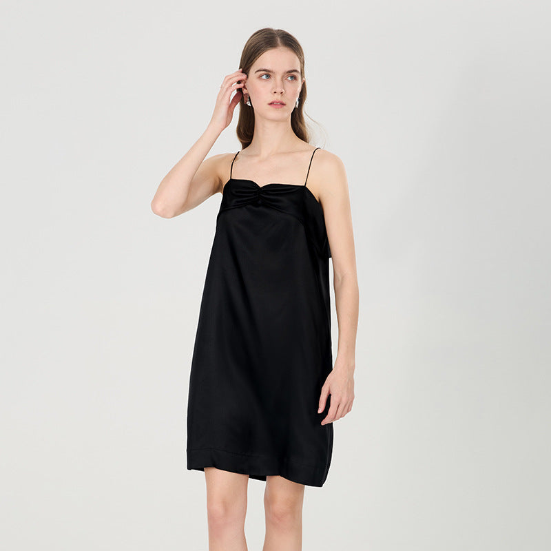 Silk dress black small bow mulberry silk suspender skirt