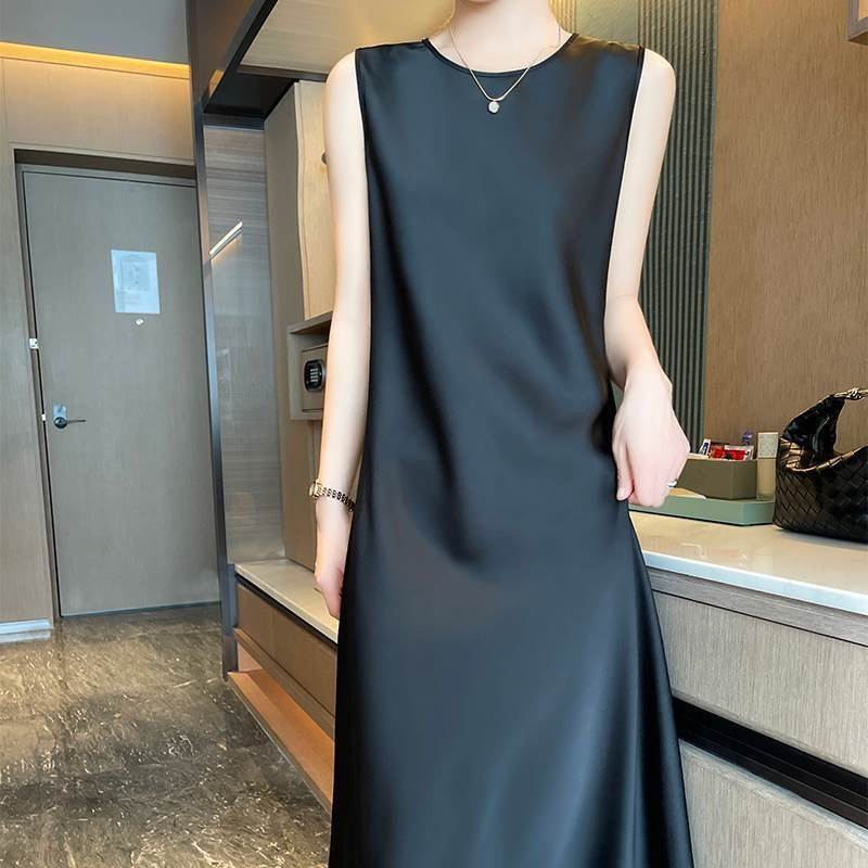 Crew neck silk suspender dress, acetate satin mid-length dress with silk inside