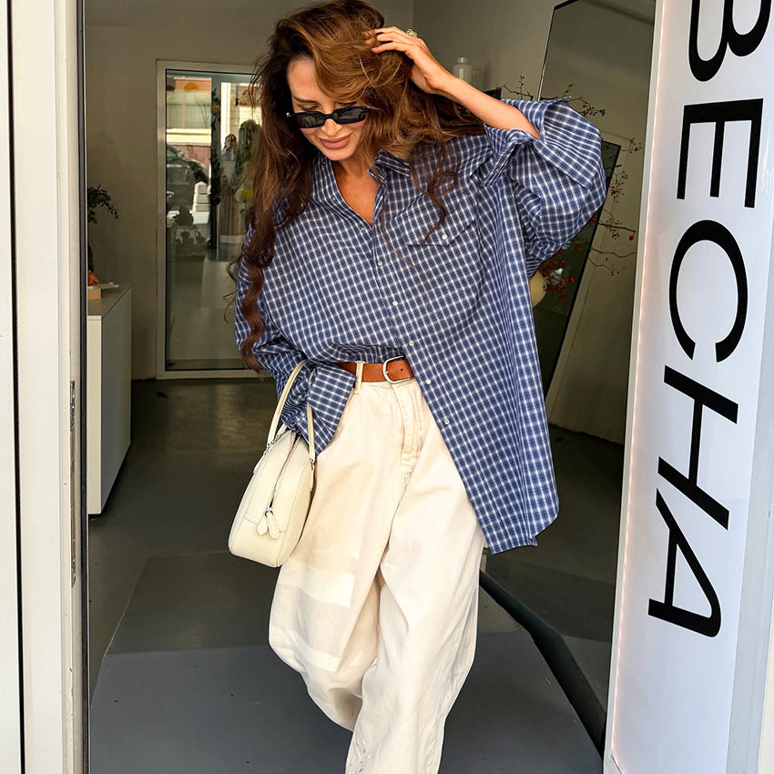 Cotton retro plaid cardigan top