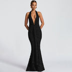 Deep V backless hip-wrapped dress