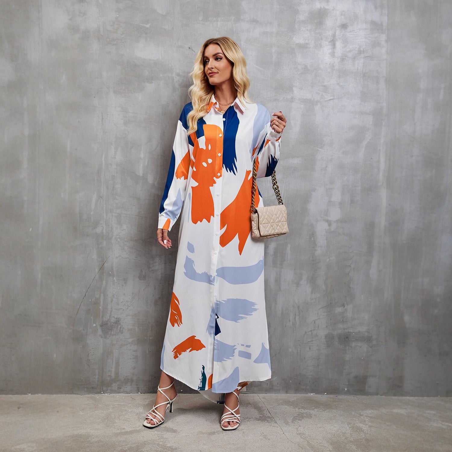 Long Sleeve Printed Long Dress