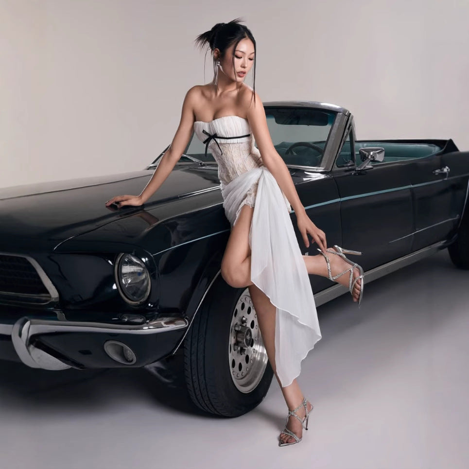 Fishbone tube top slim-fitting flower ruffle dress