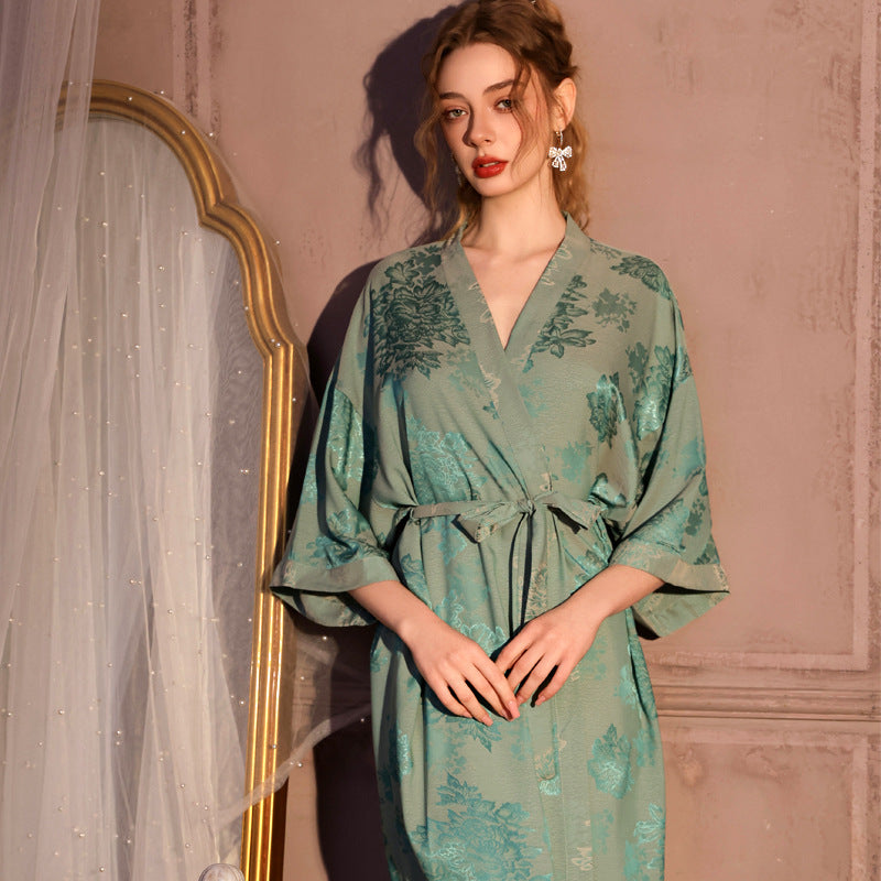 Seven-quarter-sleeved jacquard ice silk nightgown