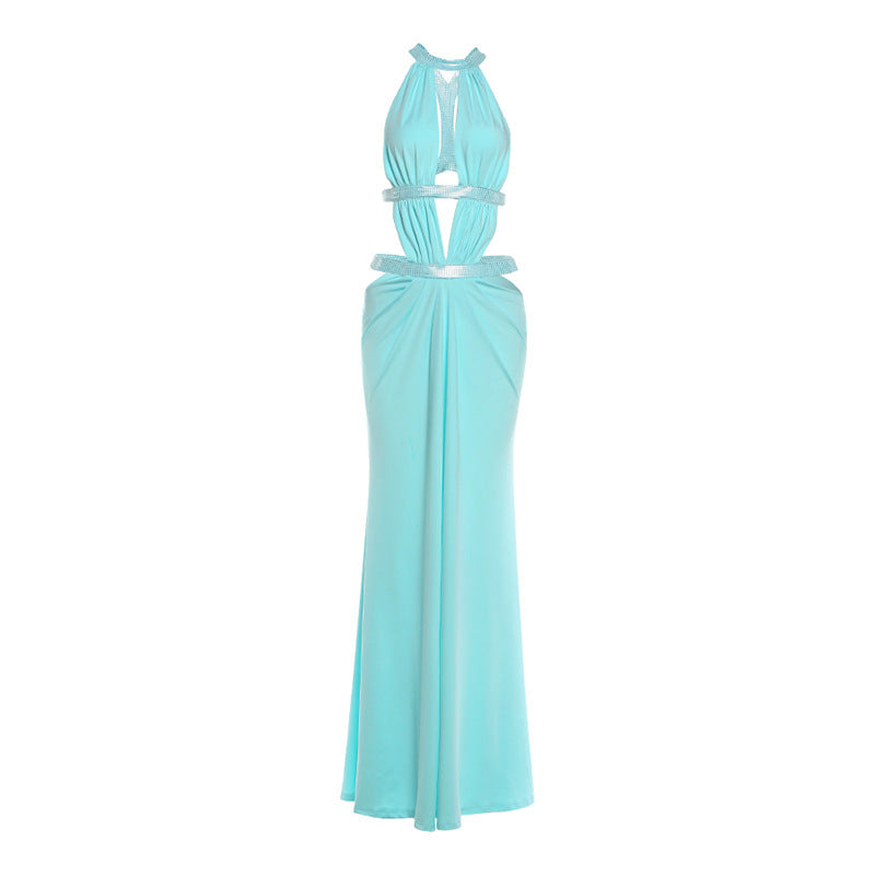 Sexy beautiful back deep V exposed navel solid color pleated splicing dress