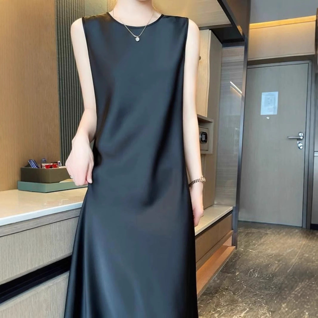 Crew neck silk suspender dress, acetate satin mid-length dress with silk inside