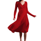 Long Sleeve V Neck Breast Wrap Medium and Long Knitted Pleated Dress Bottom Dress