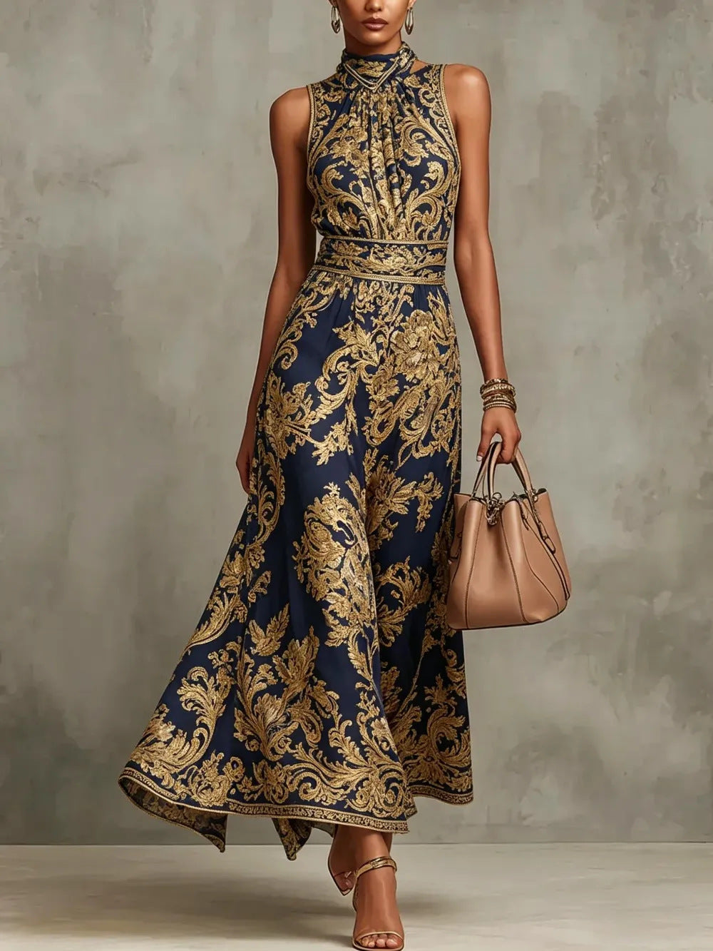 Vintage gold embroidered long dress