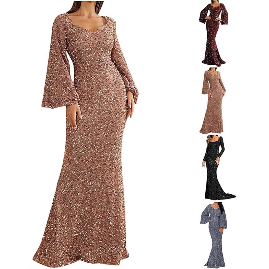 V-neck horn sleeve evening dress