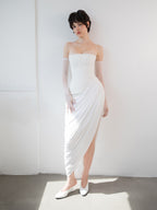 White bandeau twill pleated dress Europe
