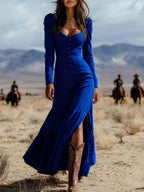 Vintage Western-style button-down pleated long sleeve sexy maxi skirt