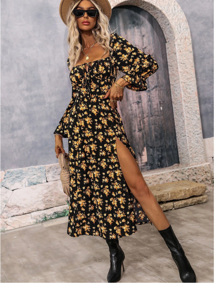Printed long-sleeved square neckline dress with slit