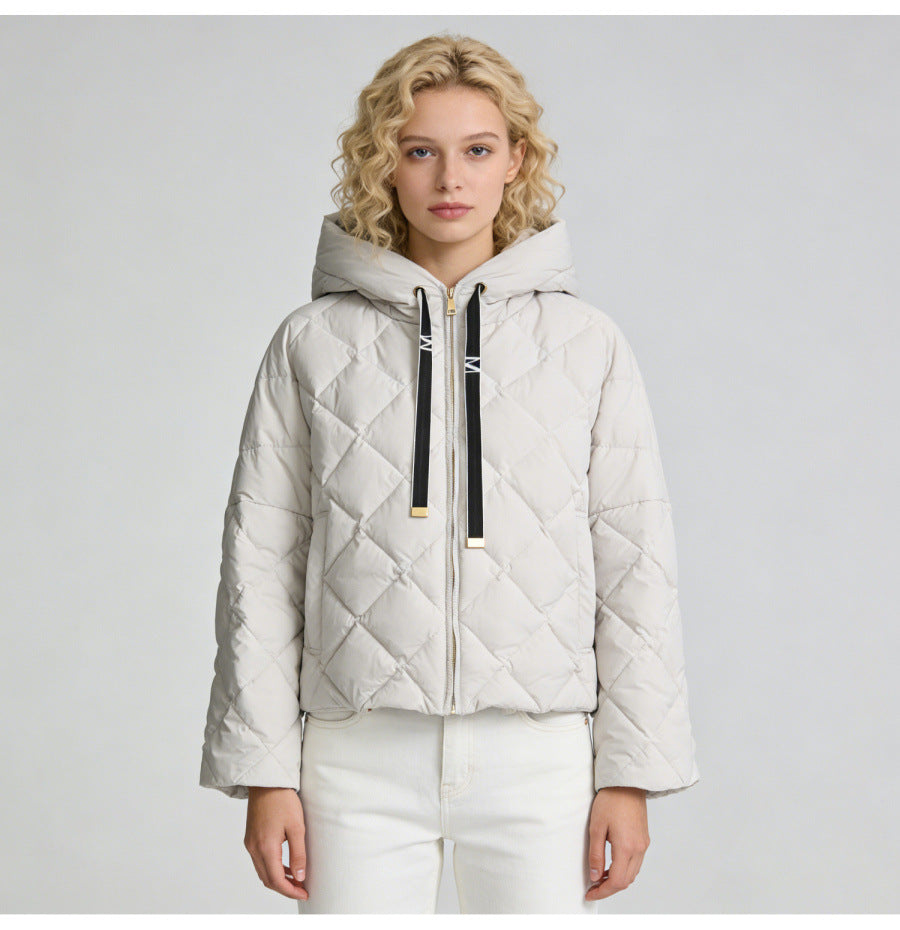 Hooded rhombus woven white duck down jacket
