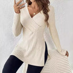 Long sleeved solid color V-neck casual home pit strip top