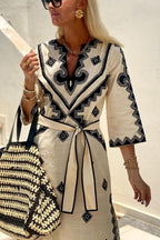 Printed belt hemp dress