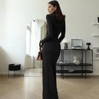 High neck long sleeve splicing slim temperament solid color dress