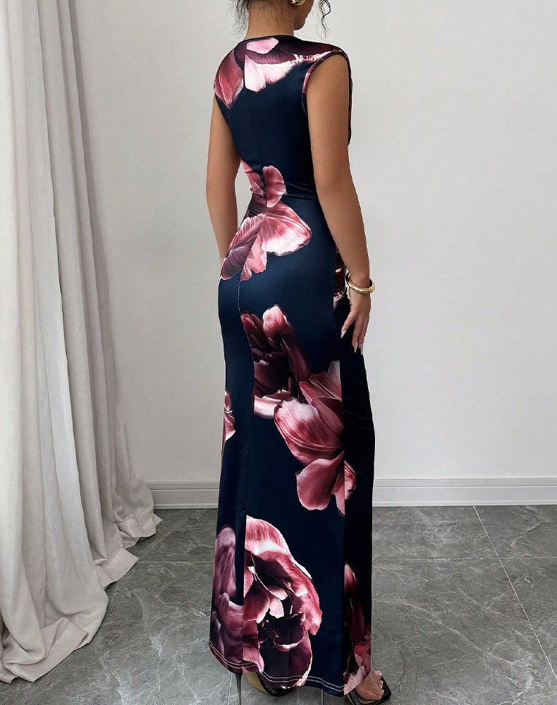 Slim print dress sleeveless step skirt
