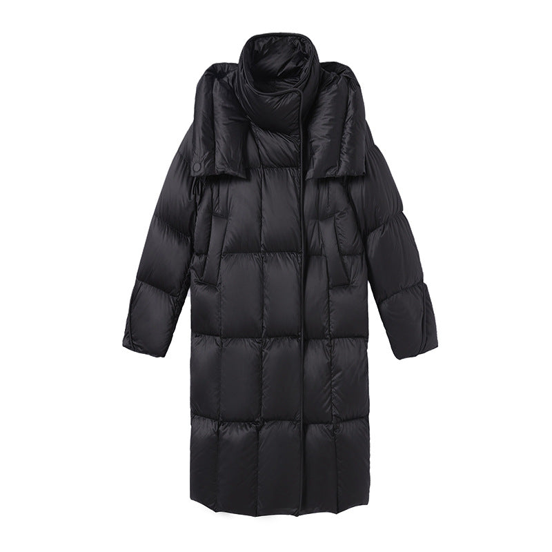 Long knee-length thickened loose white duck down jacket