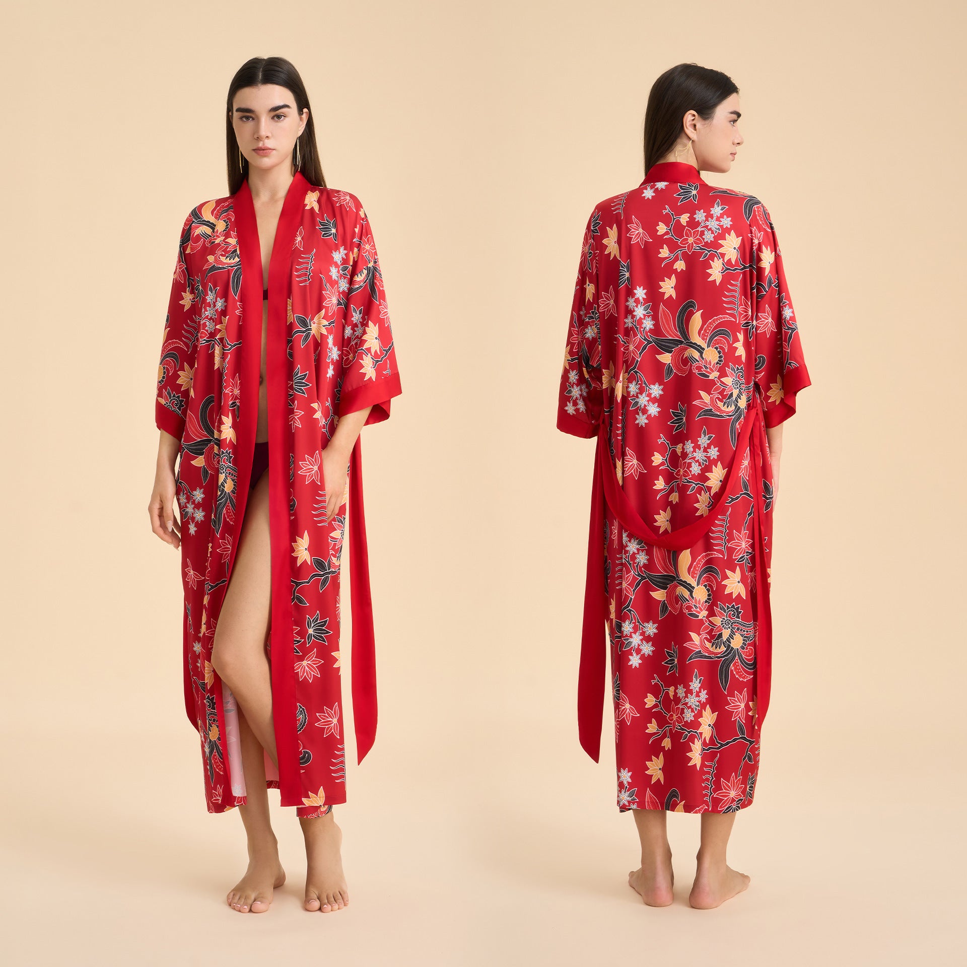 Satin chiffon bathrobe shuffle print nightgown