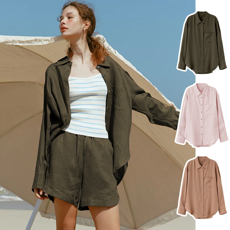 Hemp shirt women's European lapel sunscreen cardigan