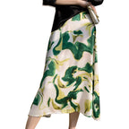 Silk satin 2026 spring and summer women's skirt temperament printing French umbrella skirt loose high waist over the knee A-shaped skirt