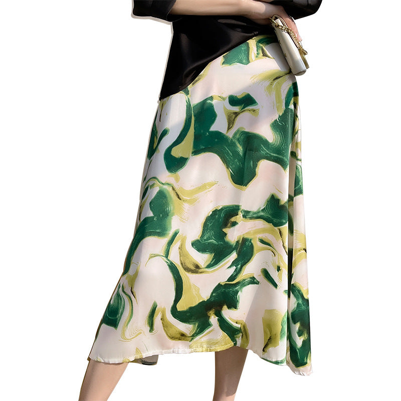 Silk satin 2026 spring and summer women's skirt temperament printing French umbrella skirt loose high waist over the knee A-shaped skirt