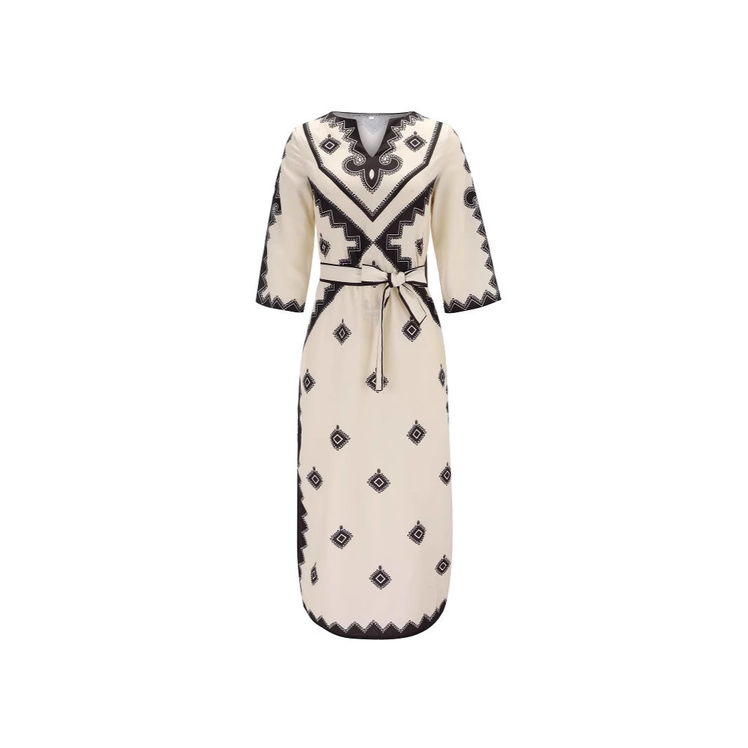 Printed belt hemp dress