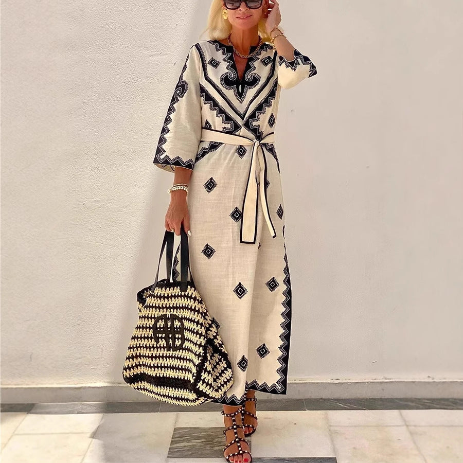 Printed belt hemp dress