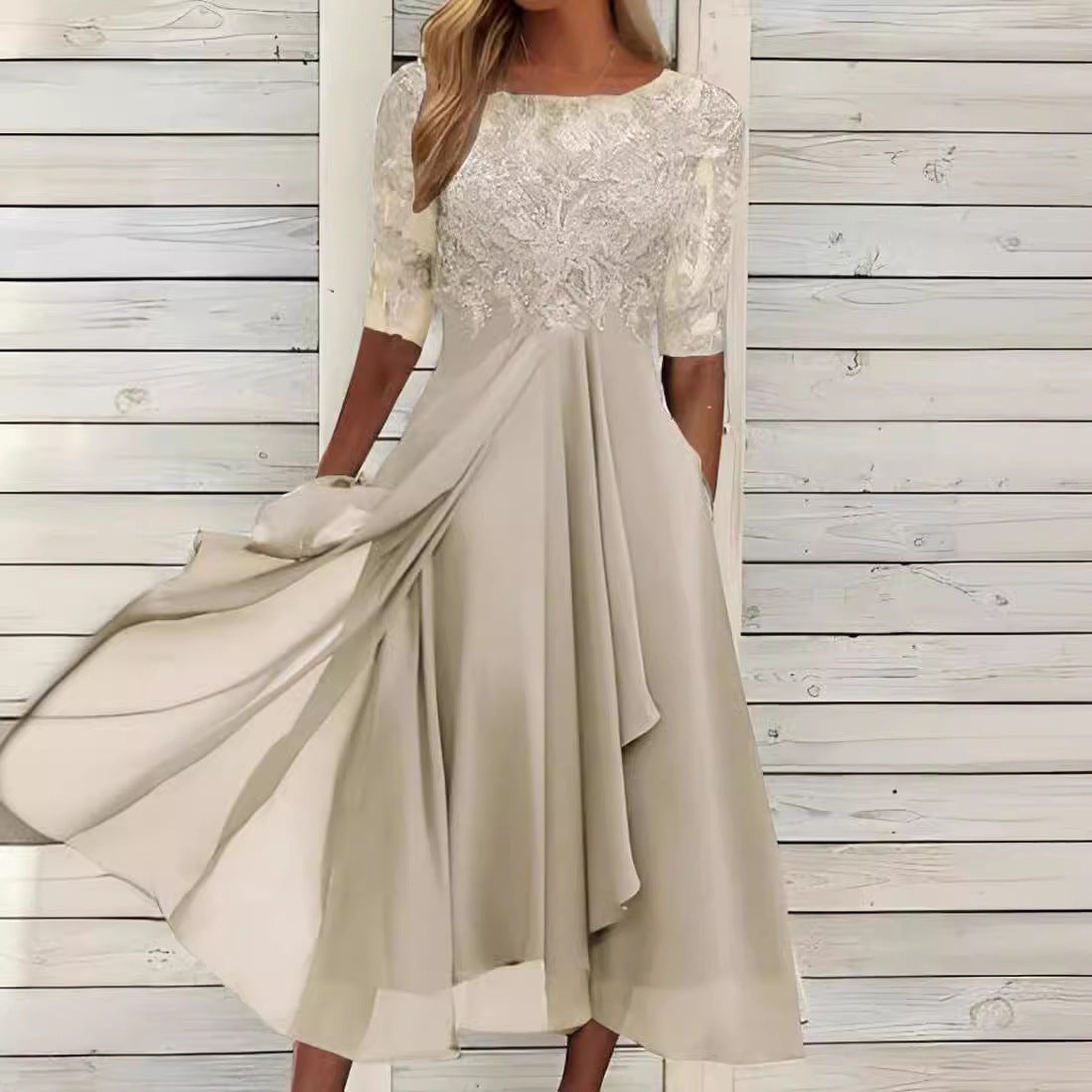 Chiffon splicing lace hollow dress