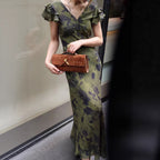French V-neck silk print dress