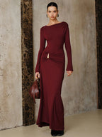 Burgundy Long Dress Metal Accessories Slim Fit Dress